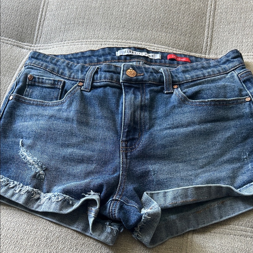 Celebrity Pink Rolled Hem Distressed Denim Shorts in Blue